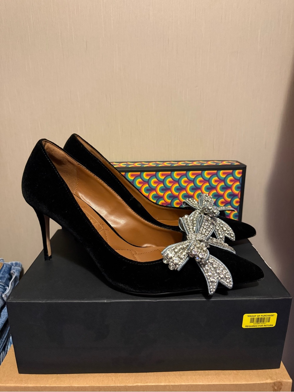 Kurt Geiger Black Velvet Pointed Pumps with Crystal Bow